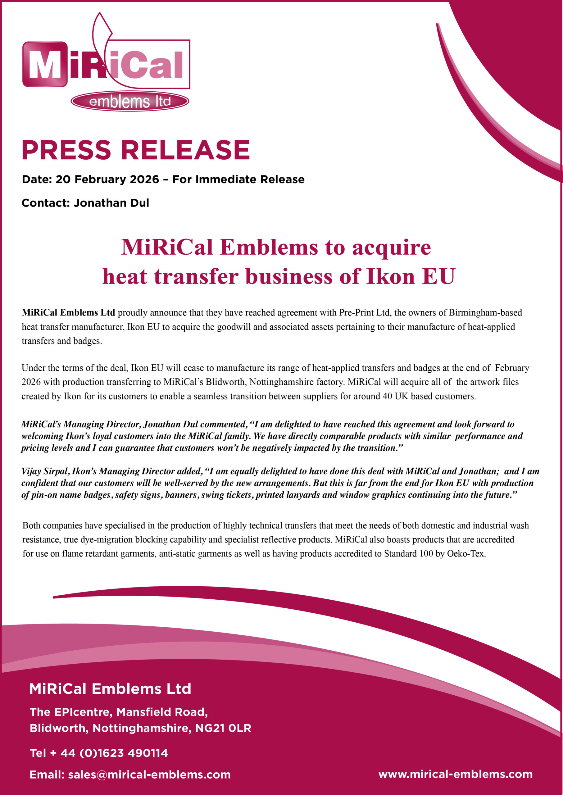 MiRiCal Emblems to acquire heat transfer business of Ikon EU